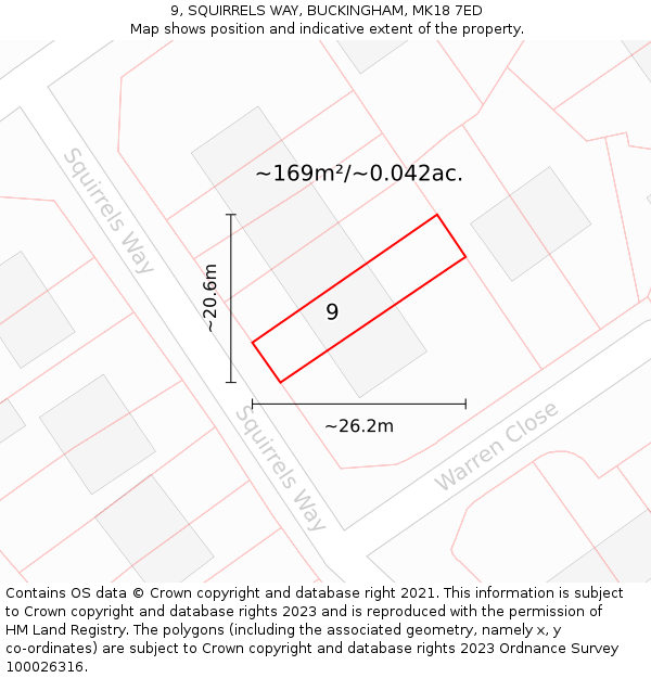 9, SQUIRRELS WAY, BUCKINGHAM, MK18 7ED: Plot and title map