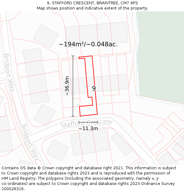 9, STAFFORD CRESCENT, BRAINTREE, CM7 9PS: Plot and title map