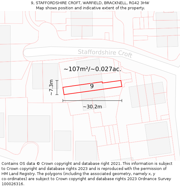 9, STAFFORDSHIRE CROFT, WARFIELD, BRACKNELL, RG42 3HW: Plot and title map