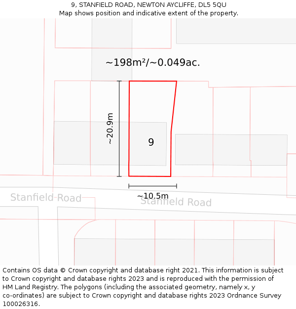 9, STANFIELD ROAD, NEWTON AYCLIFFE, DL5 5QU: Plot and title map