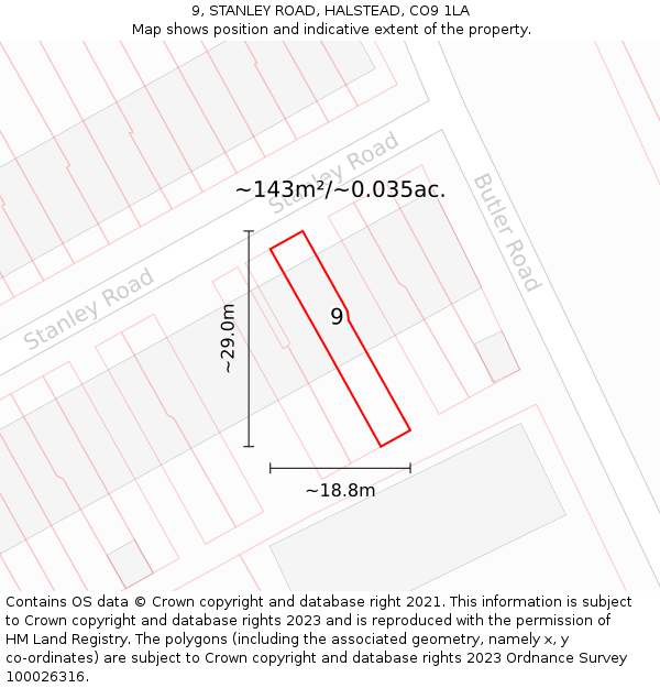 9, STANLEY ROAD, HALSTEAD, CO9 1LA: Plot and title map