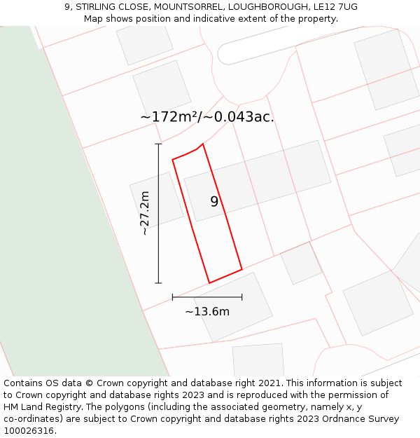 9, STIRLING CLOSE, MOUNTSORREL, LOUGHBOROUGH, LE12 7UG: Plot and title map