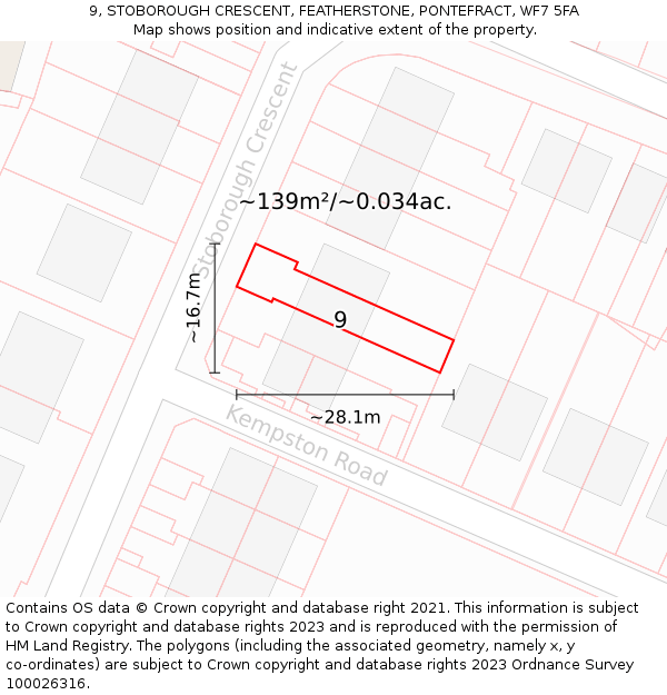 9, STOBOROUGH CRESCENT, FEATHERSTONE, PONTEFRACT, WF7 5FA: Plot and title map