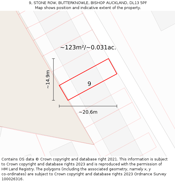 9, STONE ROW, BUTTERKNOWLE, BISHOP AUCKLAND, DL13 5PF: Plot and title map
