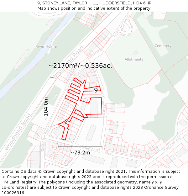 9, STONEY LANE, TAYLOR HILL, HUDDERSFIELD, HD4 6HP: Plot and title map
