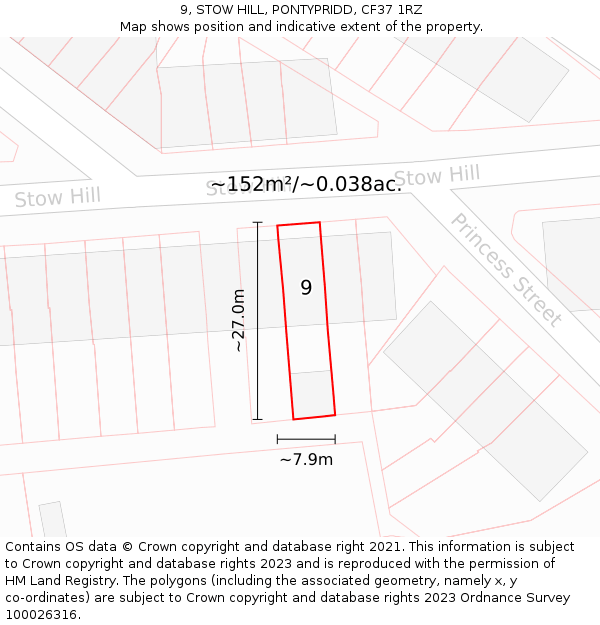 9, STOW HILL, PONTYPRIDD, CF37 1RZ: Plot and title map