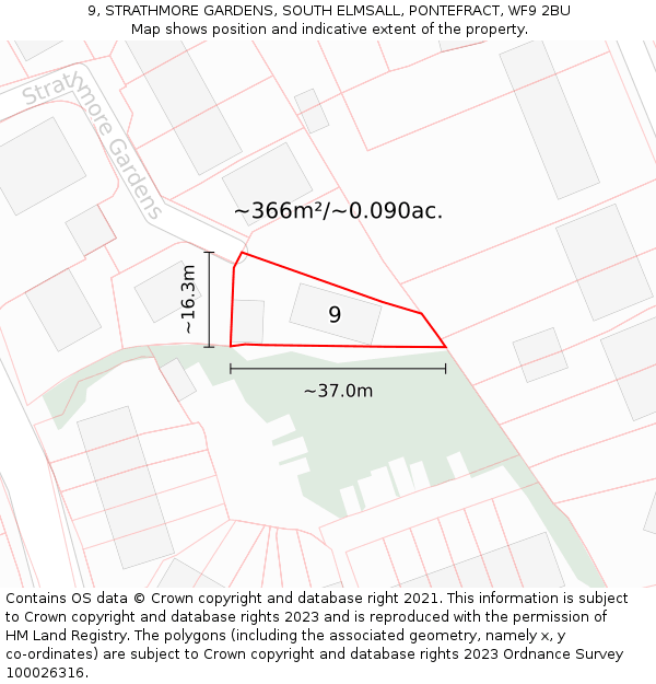 9, STRATHMORE GARDENS, SOUTH ELMSALL, PONTEFRACT, WF9 2BU: Plot and title map