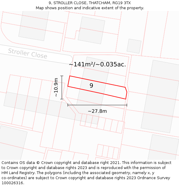 9, STROLLER CLOSE, THATCHAM, RG19 3TX: Plot and title map