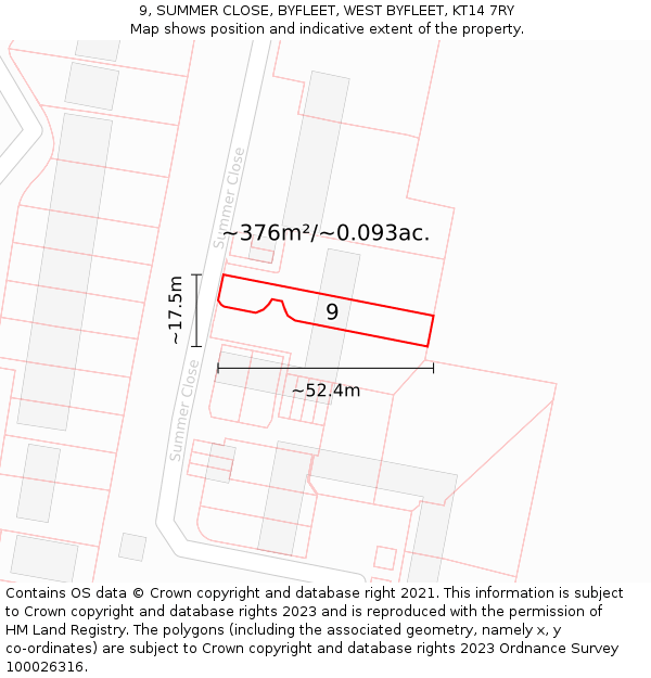 9, SUMMER CLOSE, BYFLEET, WEST BYFLEET, KT14 7RY: Plot and title map