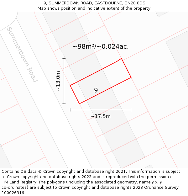 9, SUMMERDOWN ROAD, EASTBOURNE, BN20 8DS: Plot and title map