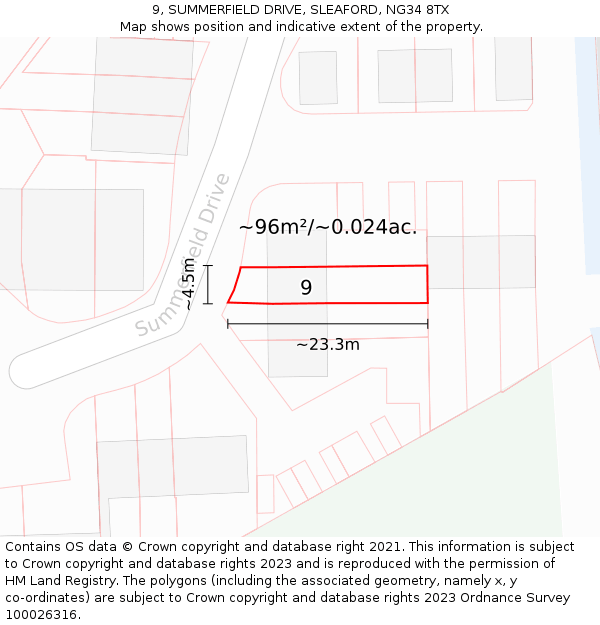 9, SUMMERFIELD DRIVE, SLEAFORD, NG34 8TX: Plot and title map