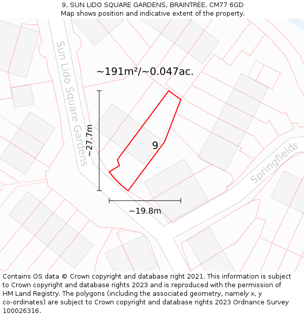 9, SUN LIDO SQUARE GARDENS, BRAINTREE, CM77 6GD: Plot and title map