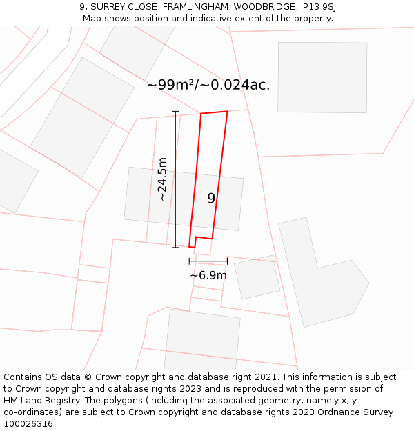 9, SURREY CLOSE, FRAMLINGHAM, WOODBRIDGE, IP13 9SJ: Plot and title map