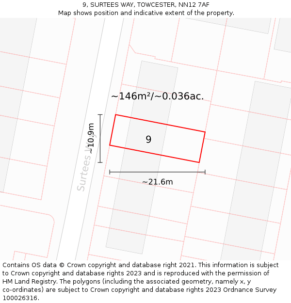 9, SURTEES WAY, TOWCESTER, NN12 7AF: Plot and title map