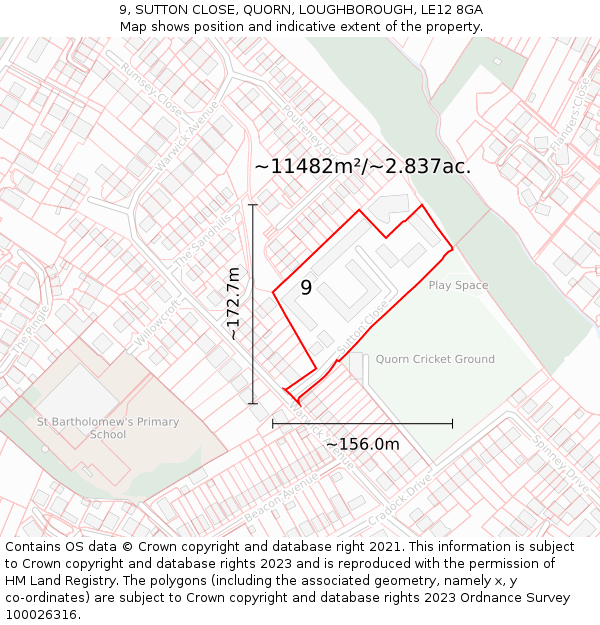 9, SUTTON CLOSE, QUORN, LOUGHBOROUGH, LE12 8GA: Plot and title map