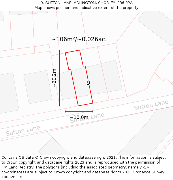 9, SUTTON LANE, ADLINGTON, CHORLEY, PR6 9PA: Plot and title map