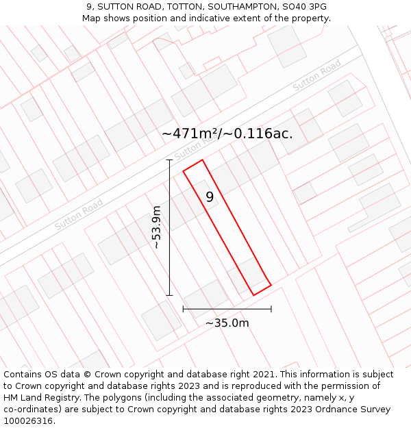 9, SUTTON ROAD, TOTTON, SOUTHAMPTON, SO40 3PG: Plot and title map