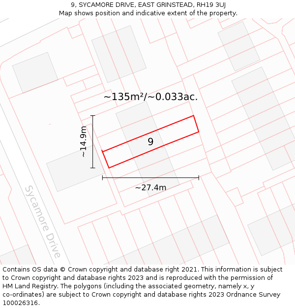 9, SYCAMORE DRIVE, EAST GRINSTEAD, RH19 3UJ: Plot and title map