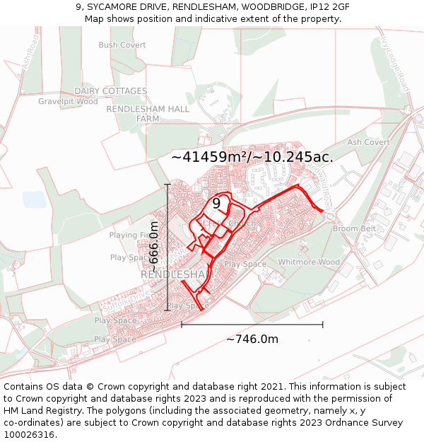 9, SYCAMORE DRIVE, RENDLESHAM, WOODBRIDGE, IP12 2GF: Plot and title map