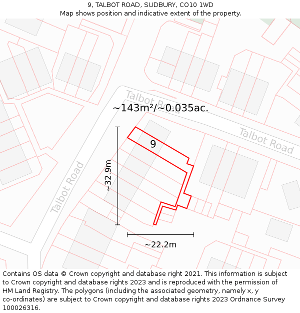 9, TALBOT ROAD, SUDBURY, CO10 1WD: Plot and title map