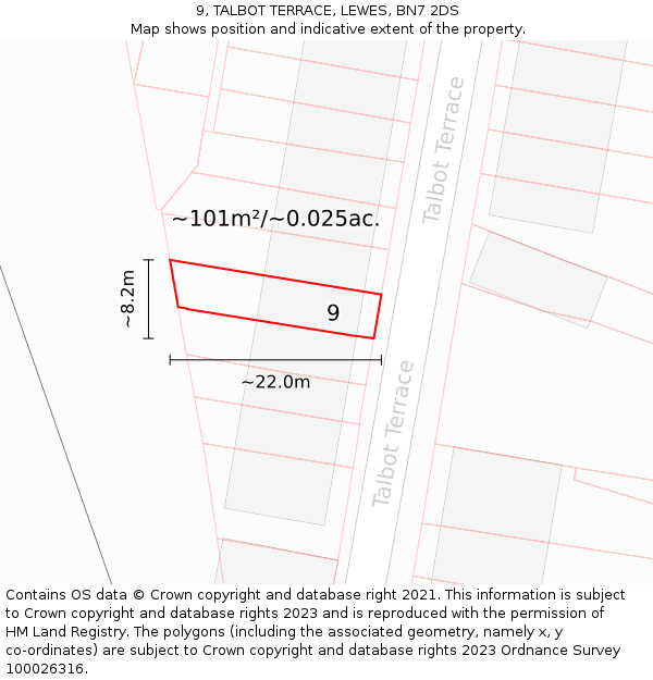 9, TALBOT TERRACE, LEWES, BN7 2DS: Plot and title map