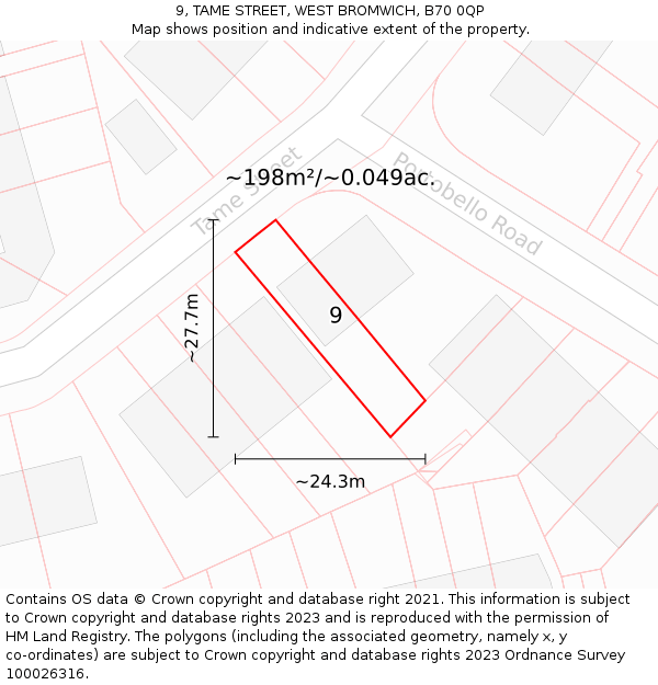 9, TAME STREET, WEST BROMWICH, B70 0QP: Plot and title map