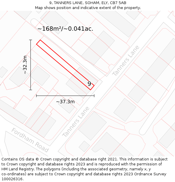 9, TANNERS LANE, SOHAM, ELY, CB7 5AB: Plot and title map
