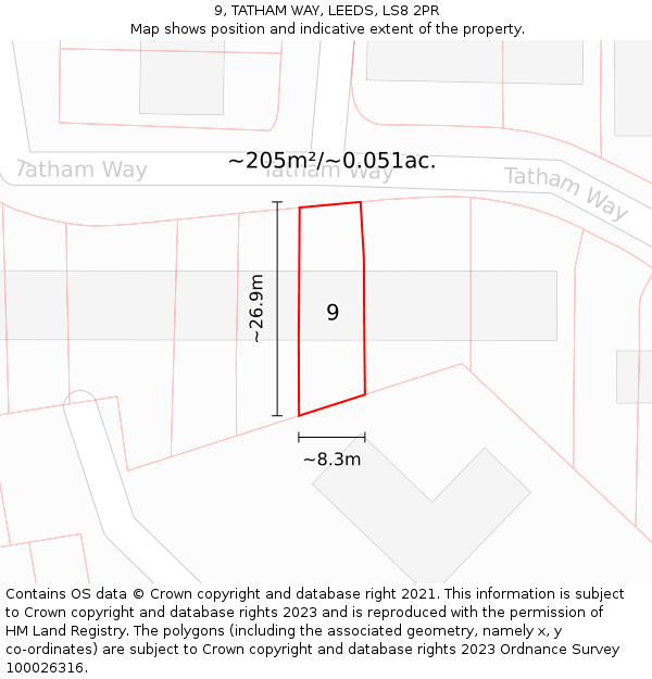 9, TATHAM WAY, LEEDS, LS8 2PR: Plot and title map