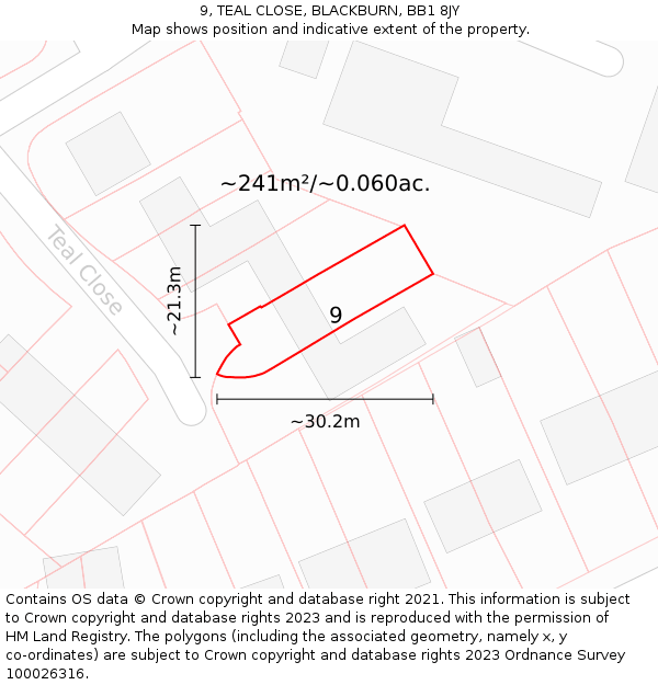 9, TEAL CLOSE, BLACKBURN, BB1 8JY: Plot and title map