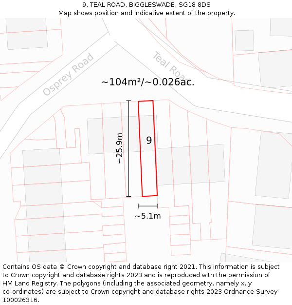 9, TEAL ROAD, BIGGLESWADE, SG18 8DS: Plot and title map
