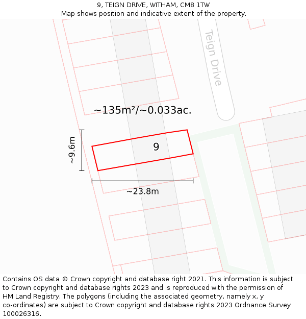 9, TEIGN DRIVE, WITHAM, CM8 1TW: Plot and title map