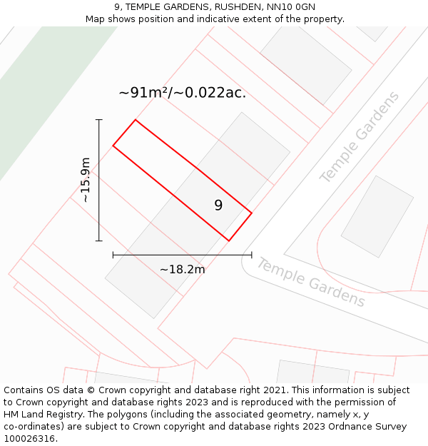 9, TEMPLE GARDENS, RUSHDEN, NN10 0GN: Plot and title map