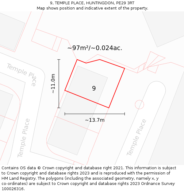 9, TEMPLE PLACE, HUNTINGDON, PE29 3RT: Plot and title map
