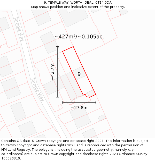 9, TEMPLE WAY, WORTH, DEAL, CT14 0DA: Plot and title map