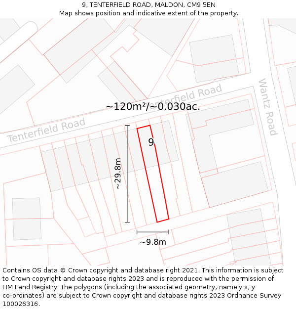9, TENTERFIELD ROAD, MALDON, CM9 5EN: Plot and title map