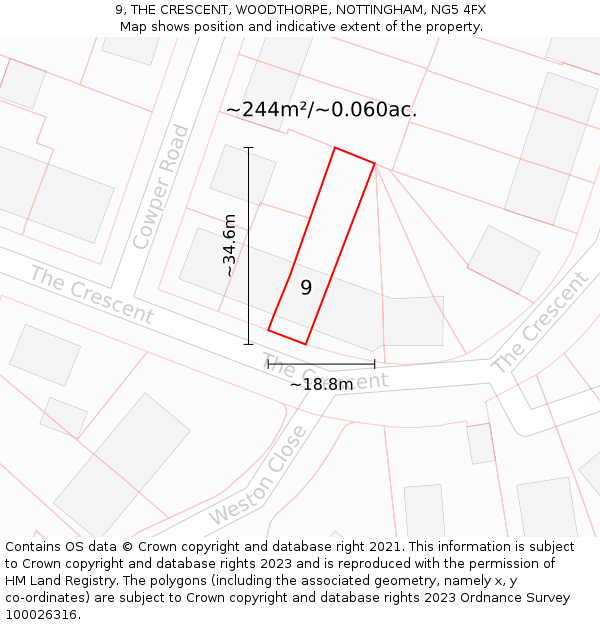 9, THE CRESCENT, WOODTHORPE, NOTTINGHAM, NG5 4FX: Plot and title map