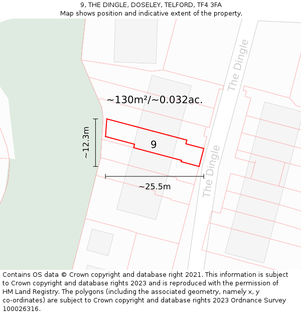 9, THE DINGLE, DOSELEY, TELFORD, TF4 3FA: Plot and title map