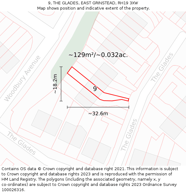9, THE GLADES, EAST GRINSTEAD, RH19 3XW: Plot and title map