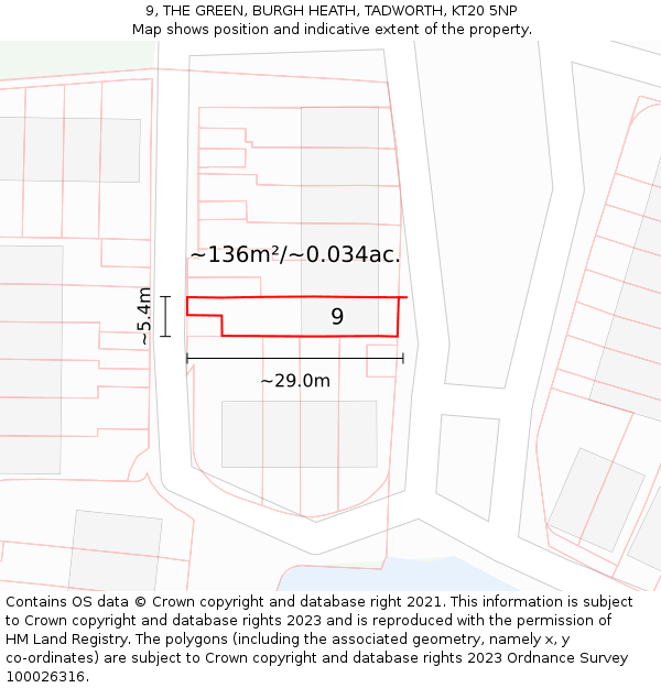 9, THE GREEN, BURGH HEATH, TADWORTH, KT20 5NP: Plot and title map