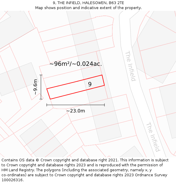 9, THE INFIELD, HALESOWEN, B63 2TE: Plot and title map