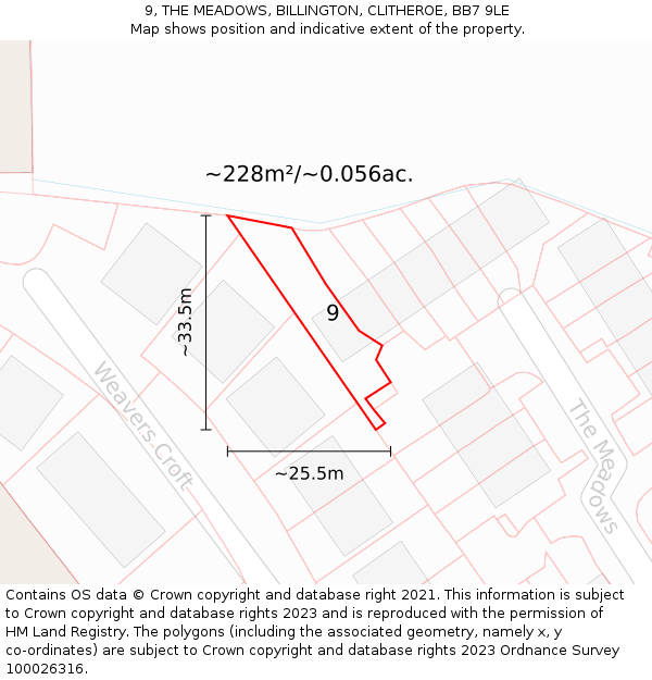 9, THE MEADOWS, BILLINGTON, CLITHEROE, BB7 9LE: Plot and title map