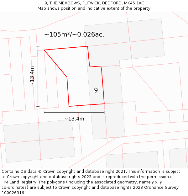9, THE MEADOWS, FLITWICK, BEDFORD, MK45 1XG: Plot and title map