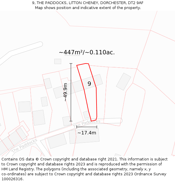 9, THE PADDOCKS, LITTON CHENEY, DORCHESTER, DT2 9AF: Plot and title map