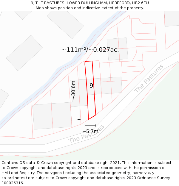 9, THE PASTURES, LOWER BULLINGHAM, HEREFORD, HR2 6EU: Plot and title map