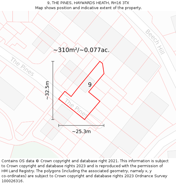 9, THE PINES, HAYWARDS HEATH, RH16 3TX: Plot and title map