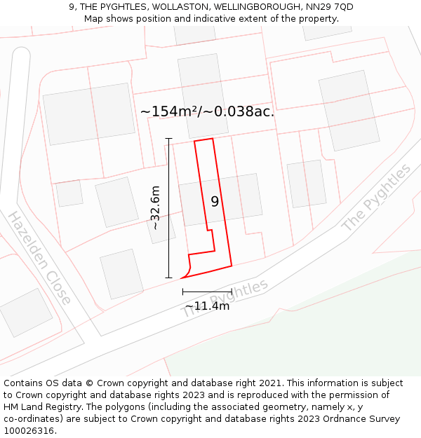 9, THE PYGHTLES, WOLLASTON, WELLINGBOROUGH, NN29 7QD: Plot and title map