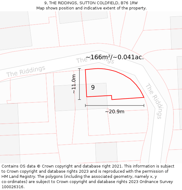 9, THE RIDDINGS, SUTTON COLDFIELD, B76 1RW: Plot and title map