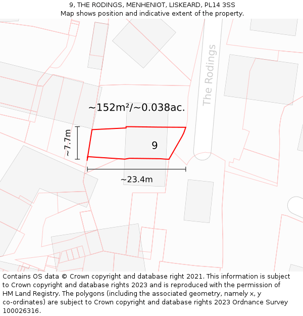 9, THE RODINGS, MENHENIOT, LISKEARD, PL14 3SS: Plot and title map