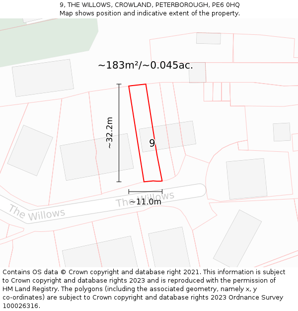 9, THE WILLOWS, CROWLAND, PETERBOROUGH, PE6 0HQ: Plot and title map