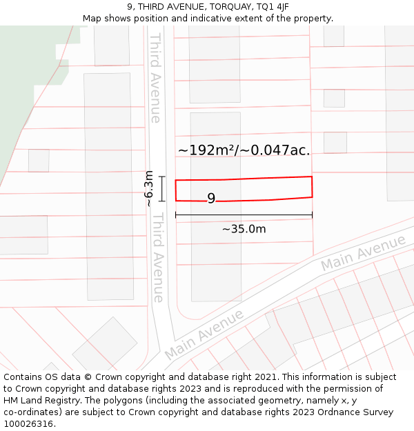 9, THIRD AVENUE, TORQUAY, TQ1 4JF: Plot and title map
